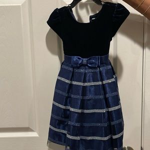 Blue velvet Chiffon glitter button up girls holiday dress